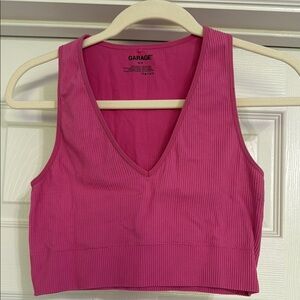 Garage Pink Ribbed V-Neck Crop Top
